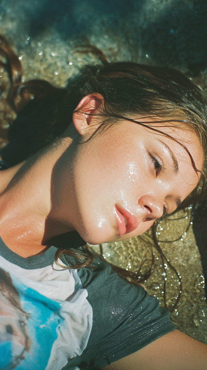 Chica con cabello mojado acostada en una foto de película gruesa