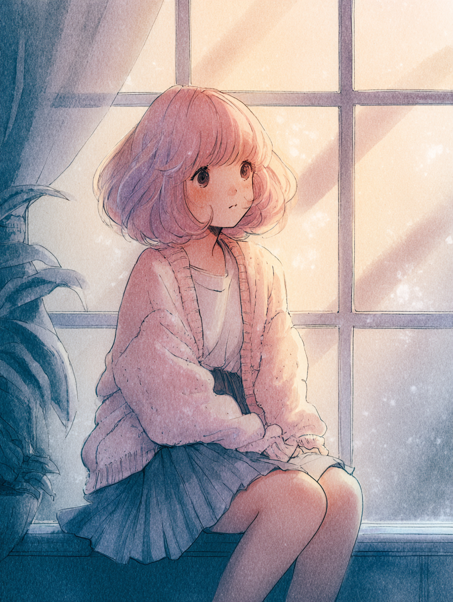 Uma garota de anime fofa com cabelo pastel fofinho e expressão suave, vestindo um cardigan solto e saia plissada, sentada à janela com a luz suave, criando uma atmosfera dos sonhos estilo Studio Ghibli
