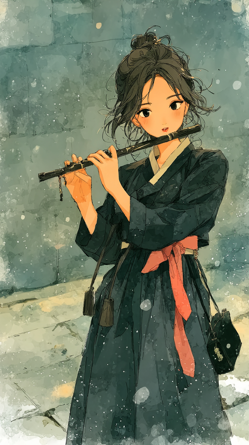 A young Korean woman in a black hanbok playing a daegeum in a dreamy painting