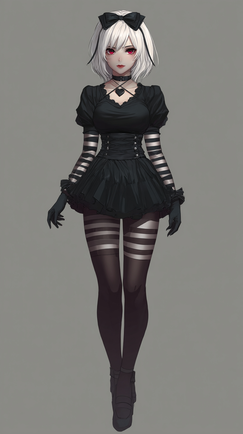 Une fille goth mignonne avec des cheveux blancs et des yeux rouges portant des collants noirs et une jupe courte