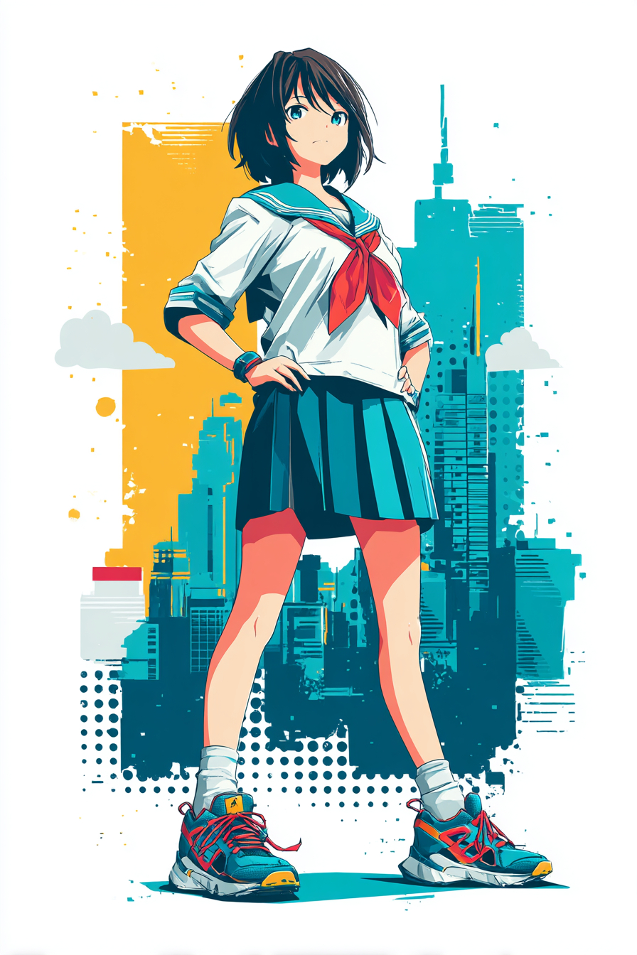 Ein vollstufiges Anime-Mädchen steht heldenhaft mit einem kurzen dunkelblauen Bob und einem lebhaften karmesinroten Streifen gekleidet in einem klassischen Schuluniform der Marine
