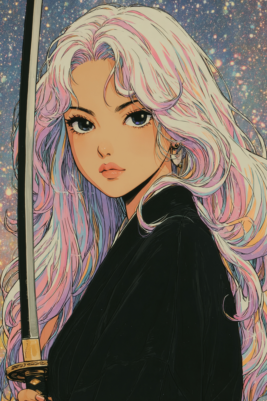 검은 기모노를 입은 애니메이션 소녀의 2D 평면 디자인