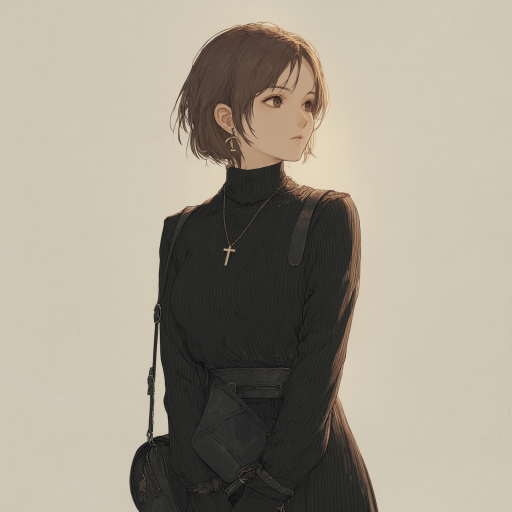 黒いストライプのタートルネックドレスを着た短髪の女性が思索的な表情を見せている