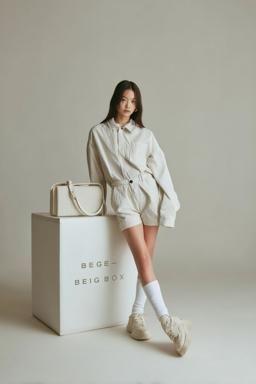 A model wears a loose-fitting long-sleeved jumpsuit with shorts and holds a designer handbag next to a beige box