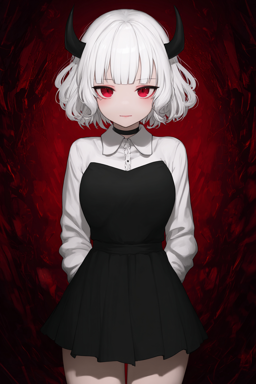 一位可愛的惡魔女孩，白髮紅眼，穿著黑色裙子