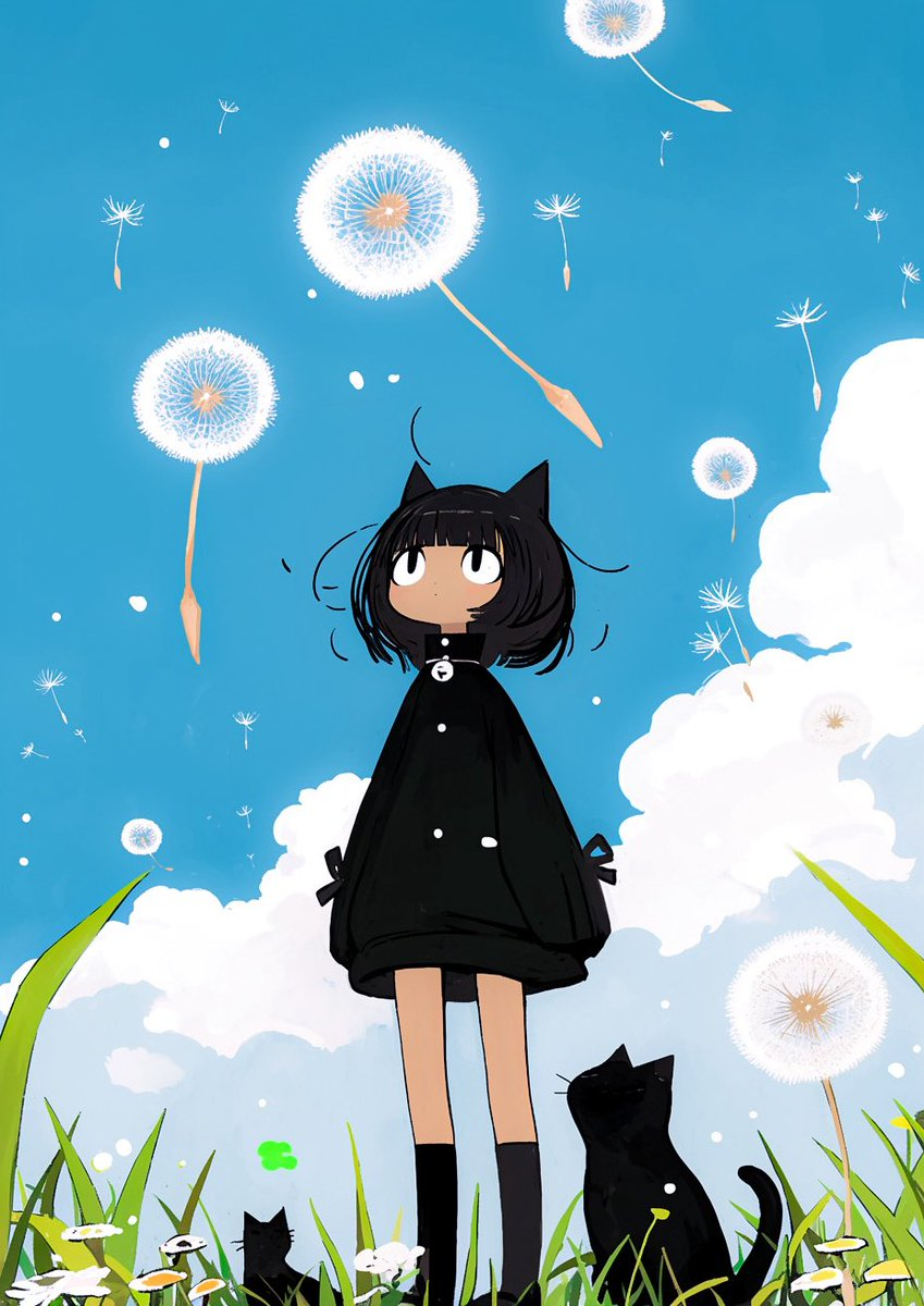 若い女の子が三匹の黒猫と夢の草原で遊んでいる