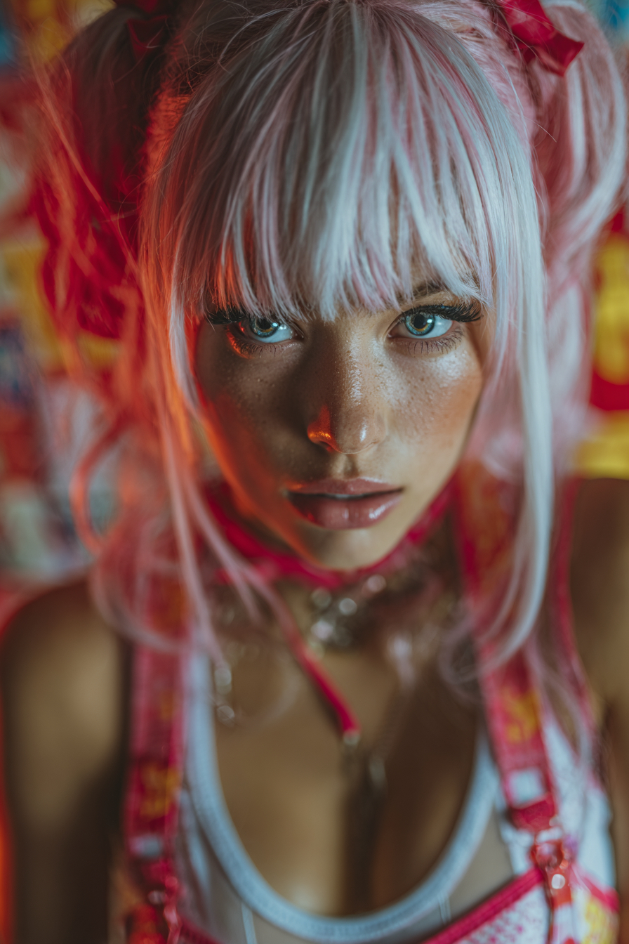 Una impresionante escena de cosplay estilo anime con Taylor Swift como Komi Shouko, Beyoncé como Zero Two y Dua Lipa como Marin Kitagawa