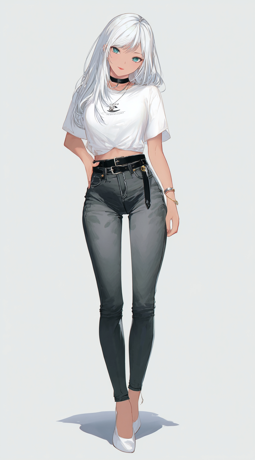 Ein schönes Mädchen mit weißen Haaren trägt ein T-Shirt mit kurzen Ärmeln im Anime-Stil und graue Jeans und lächelt in die Kamera