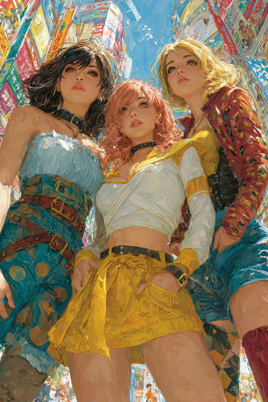 一幅生动的动漫风格插画，描绘了Dua Lipa、Ariana Grande和Cardi B穿着混搭的动漫角色服装
