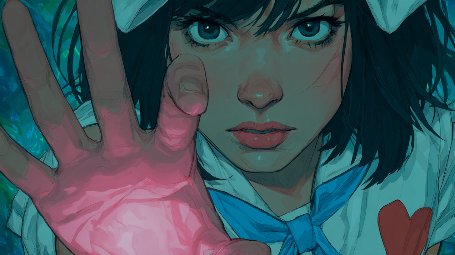 Gros plan de la main d'une fille, moitié réelle moitié dessin animé, portant un t-shirt blanc avec un col bleu et un symbole de cœur rouge sur la poitrine, cheveux noirs de longueur moyenne avec un nœud papillon blanc