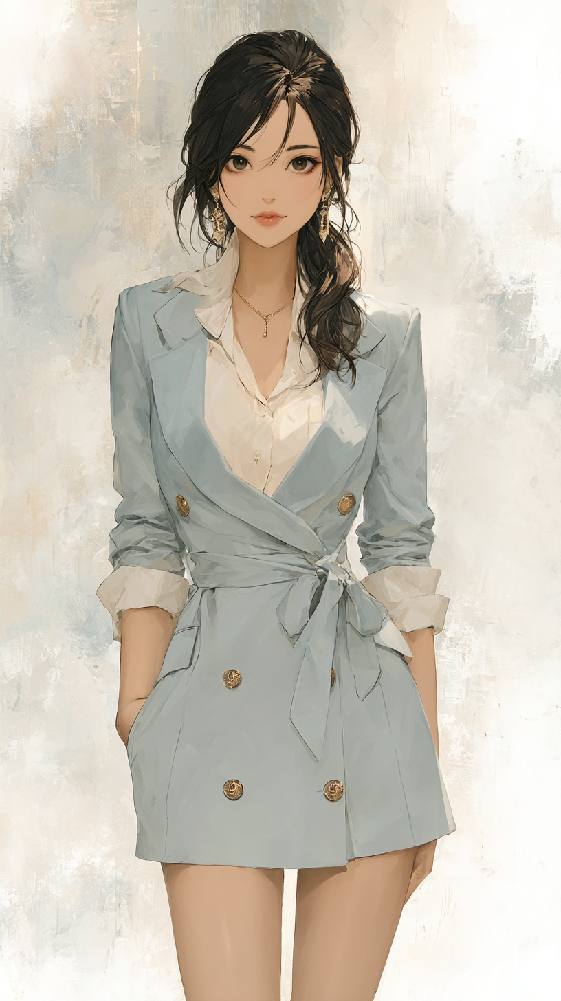 An elegant 30-year-old Korean woman in a pastel blue blazer and skirt exuding subtle grace