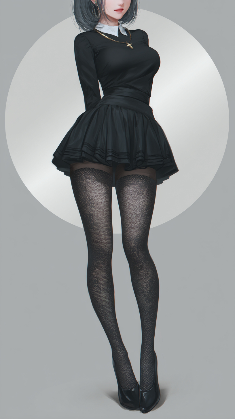 Anime girl wearing a short skirt and black stockings with a solid color background