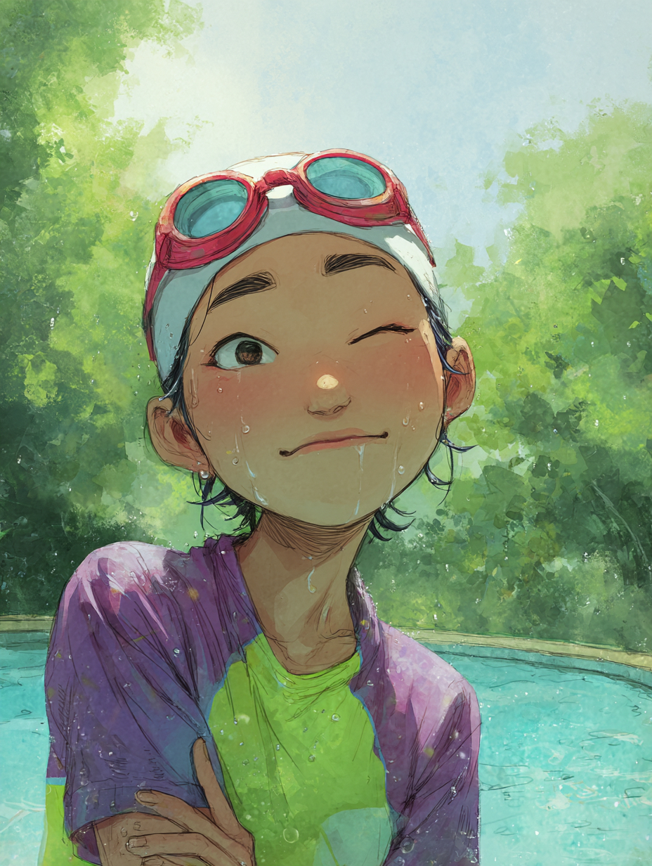 Une jeune femme asiatique en maillot de bain violet et vert fluo, portant un bonnet de bain blanc et des lunettes de natation rouges, se tient joyeusement dans une piscine extérieure