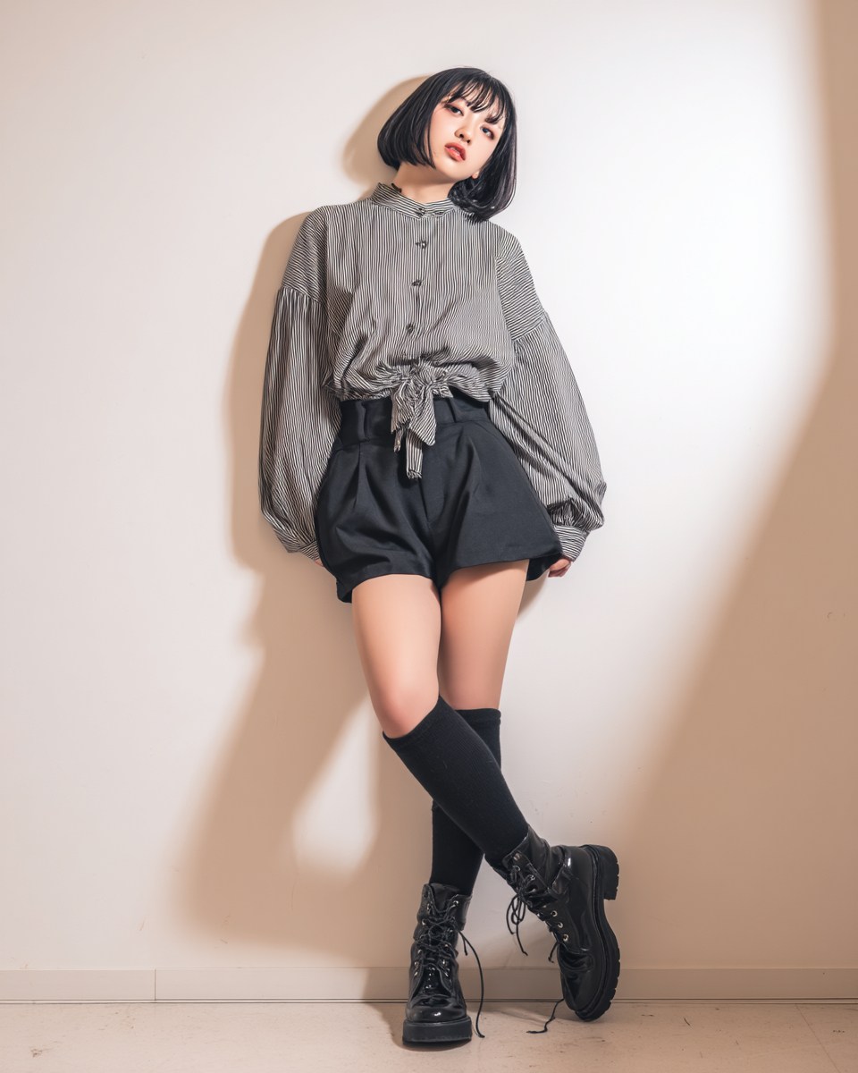 Una chica japonesa lleva una camiseta de manga larga gris y una falda corta negra mientras posa de forma encantadora