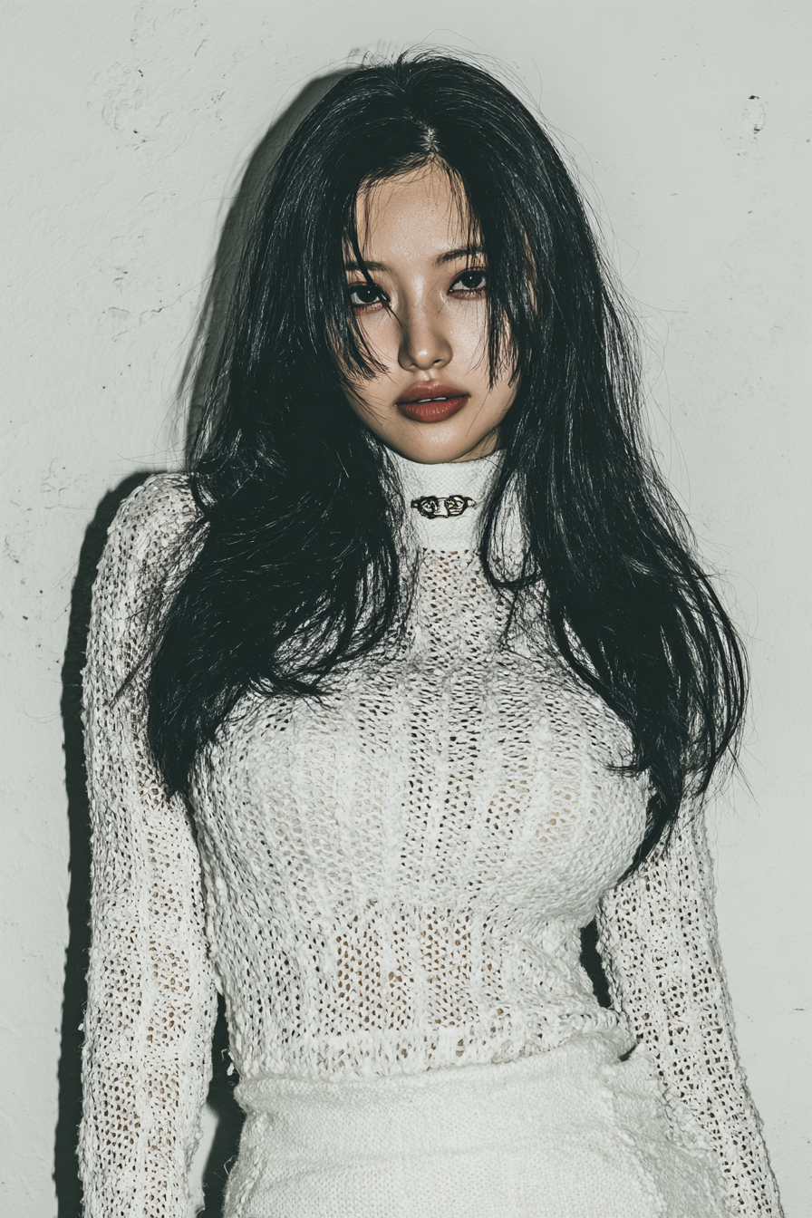 20세 아시아 미녀, 긴 생머리, 아름다운 옷차림, 뚜렷한 얼굴 윤곽