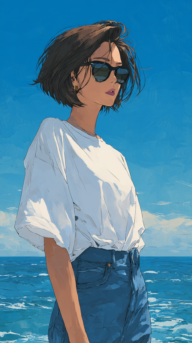 Una hermosa mujer japonesa con cabello corto y castaño en una camiseta blanca suelta y jeans azules contempla el océano