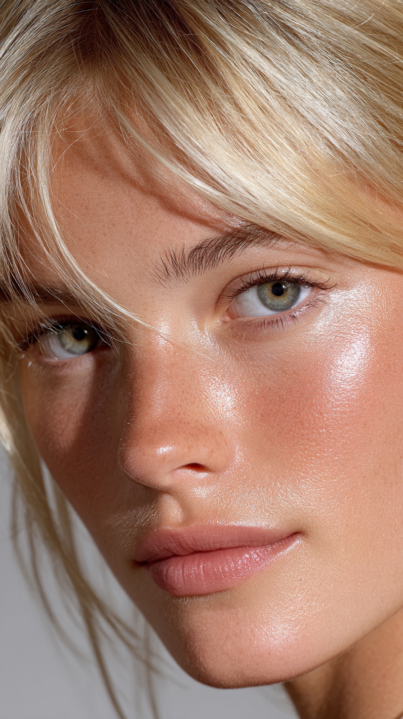 A high-fashion blonde female model in a professional photo studio close-up portrait