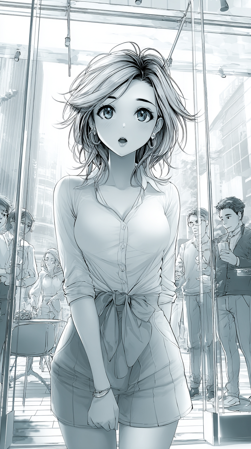 Une fille d'anime surprise se tient devant un café moderne