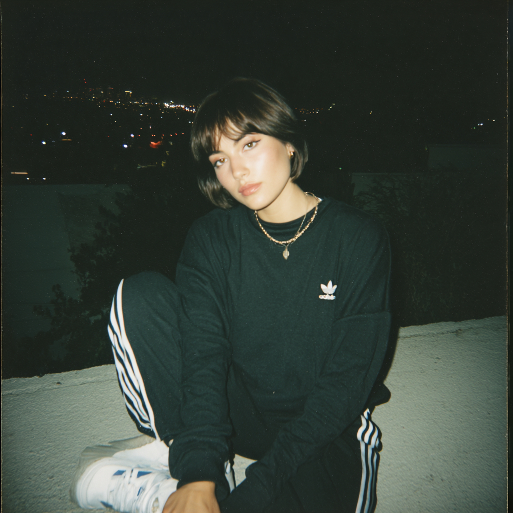 Night portrait of a beautiful Japanese girl with short hair in a black adidas tracksuit