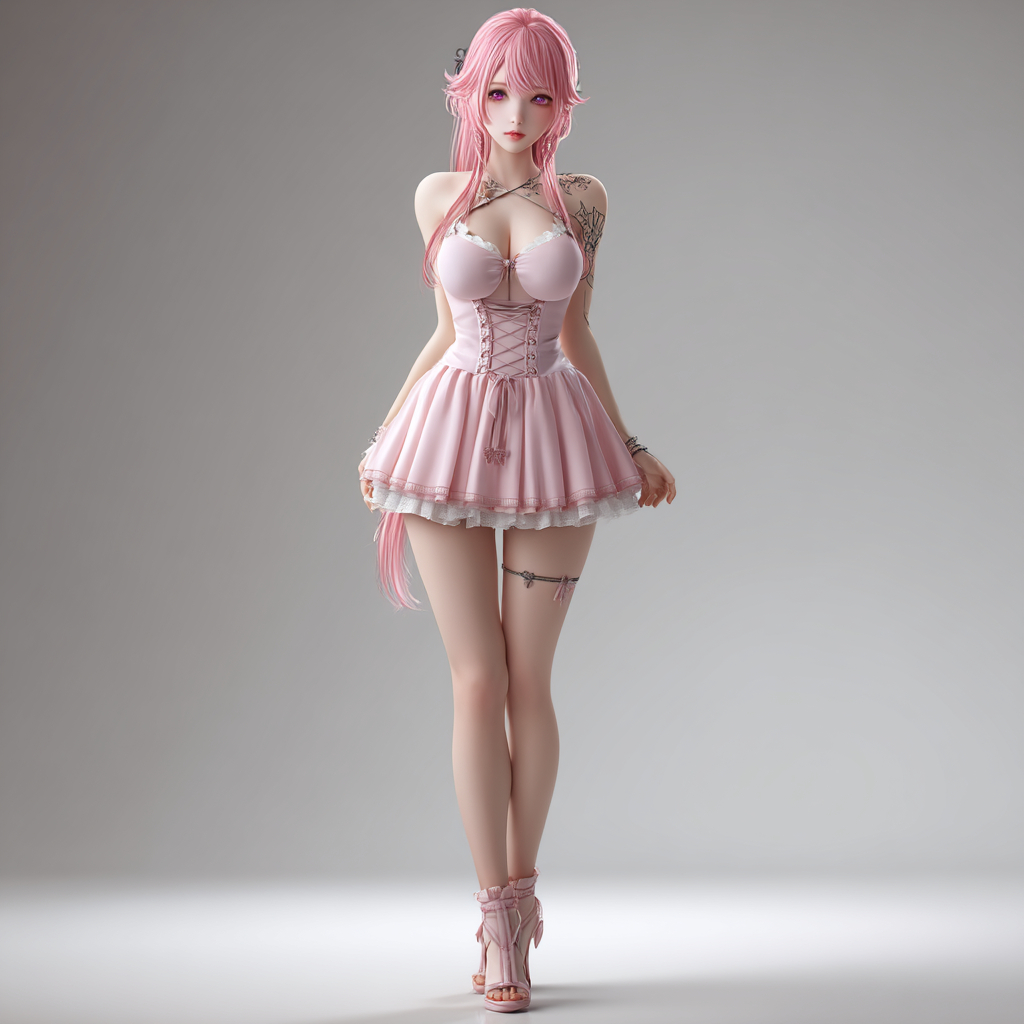 Ein Mädchen in einem niedlichen rosa Kleid mit rosa Haaren und rosa Pupillen