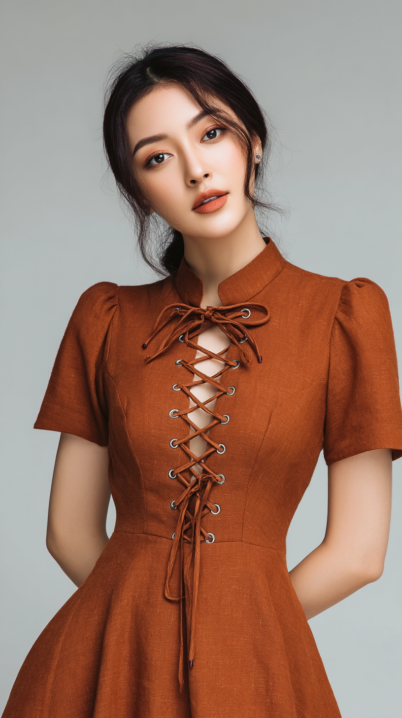 Eine junge ostasiatische Frau in einem vintage Kleid mit Elementen der Renaissance und des Qipao
