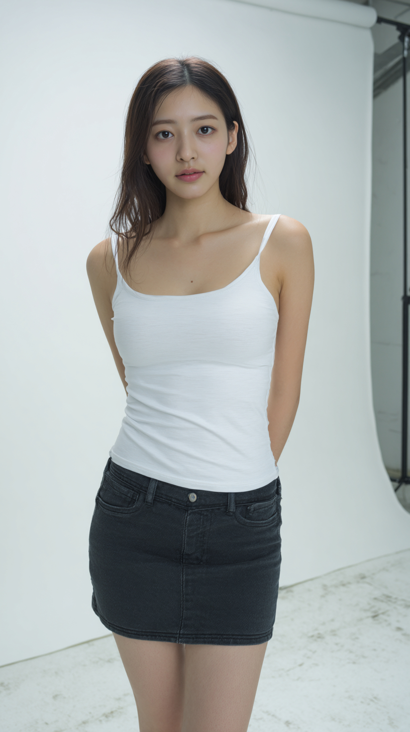 Photo en pied d'une femme asiatique portant un débardeur blanc ajusté et une mini-jupe en denim foncé