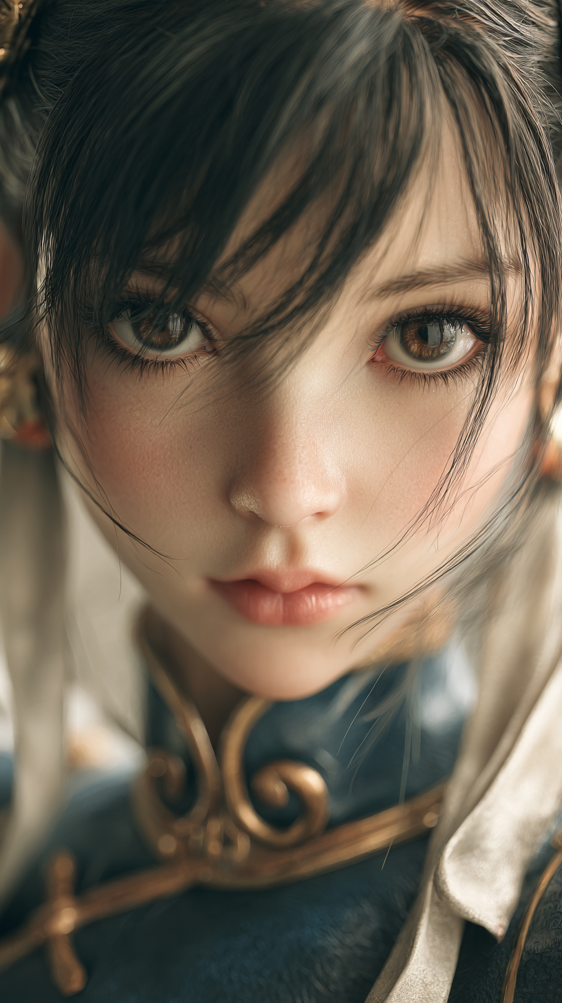 Esta es una ilustración 3D surrealista de Chun-Li de la serie Street Fighter con un fondo inquietante y misterioso