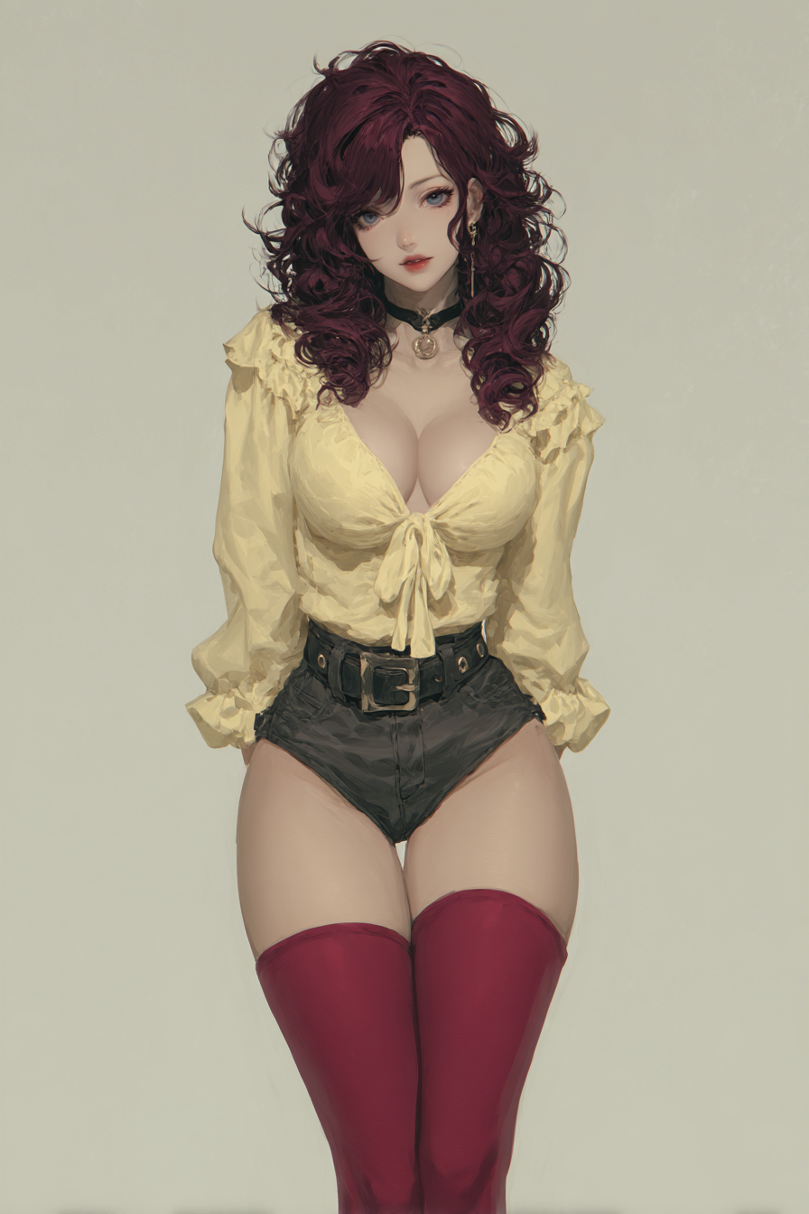 現代女巫角色設計，深紅色豐盈的長髮，黃色 blouse 和紅色長襪