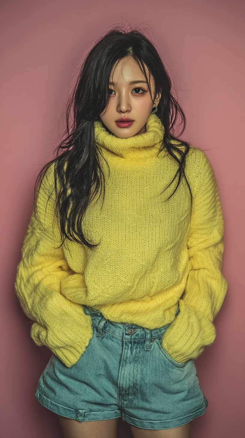 A 20-year-old Chinese beauty with long black hair, wearing a light yellow sweater and blue denim shorts