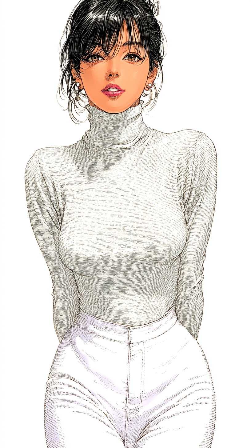 Une illustration 3D colorée dessinée à la main de la belle femme Miki de City Hunter, portant un pull slim-fit à col haut avec un charme captivant