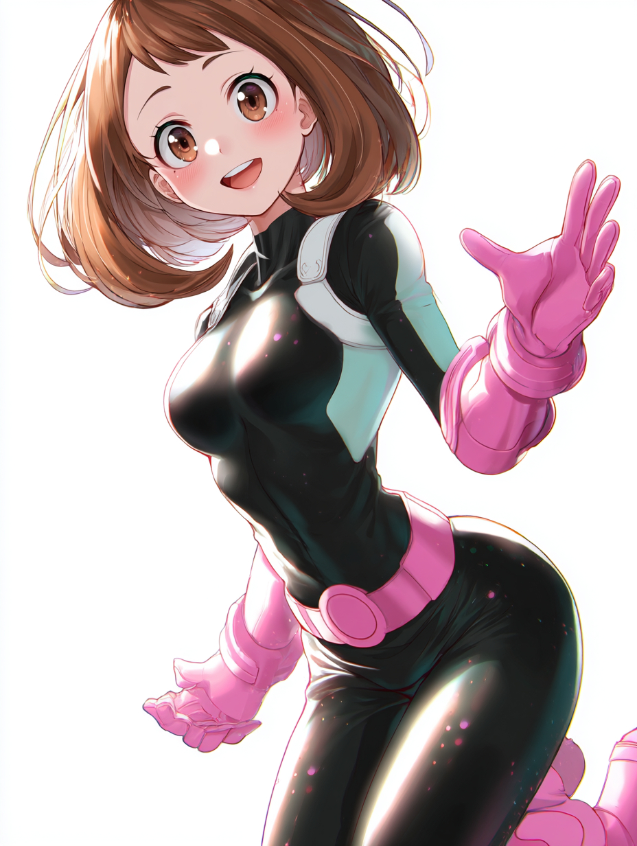 This is an image of Ochaco Uraraka in a cute pose wearing a black bodysuit with pink gloves and boots