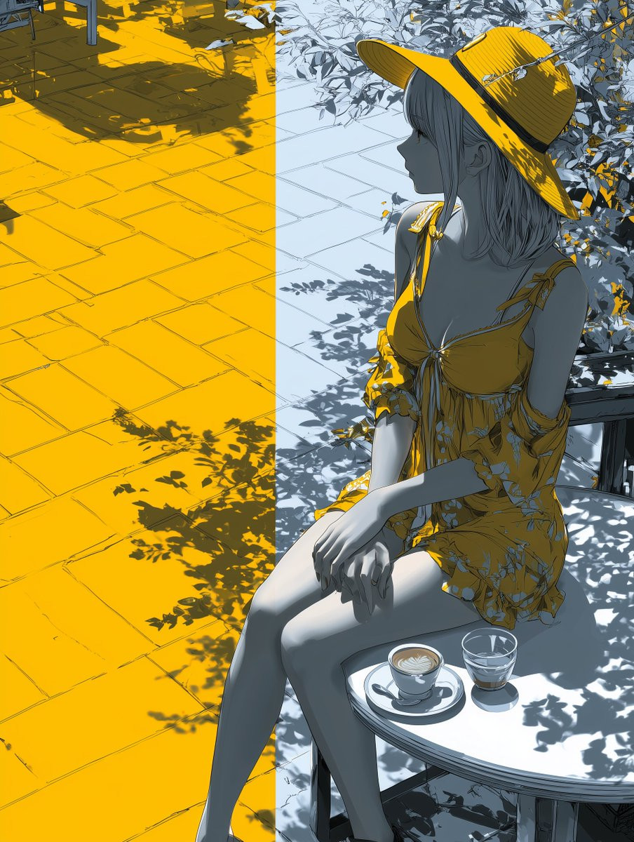 Une jeune femme portant une robe jaune et un chapeau à large bord prend un café en terrasse