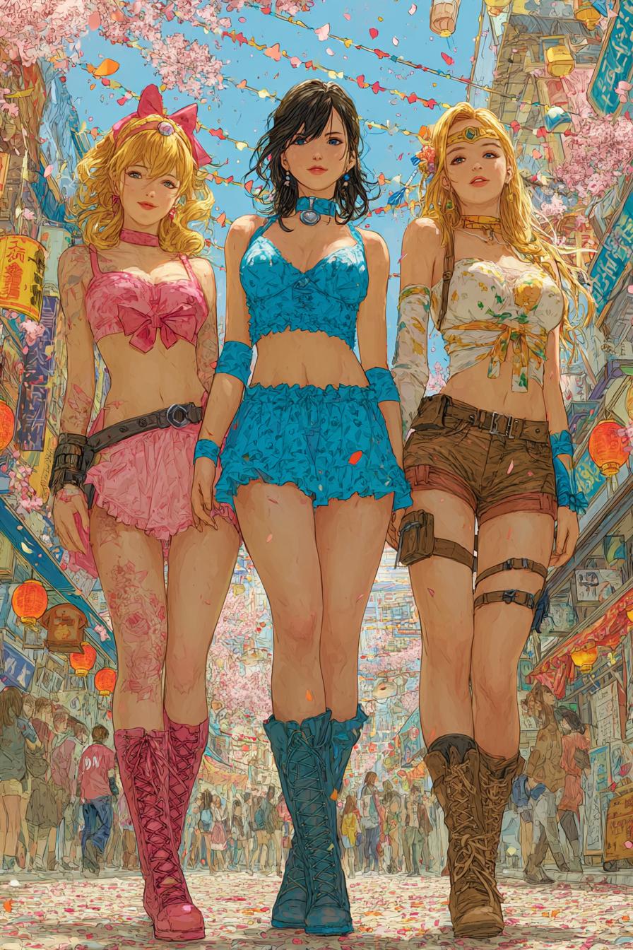 Taylor Swift als Sailor Moon, Jennifer Lawrence als Mikasa und Billie Eilish als Asuna in gemischten Cosplay-Outfits