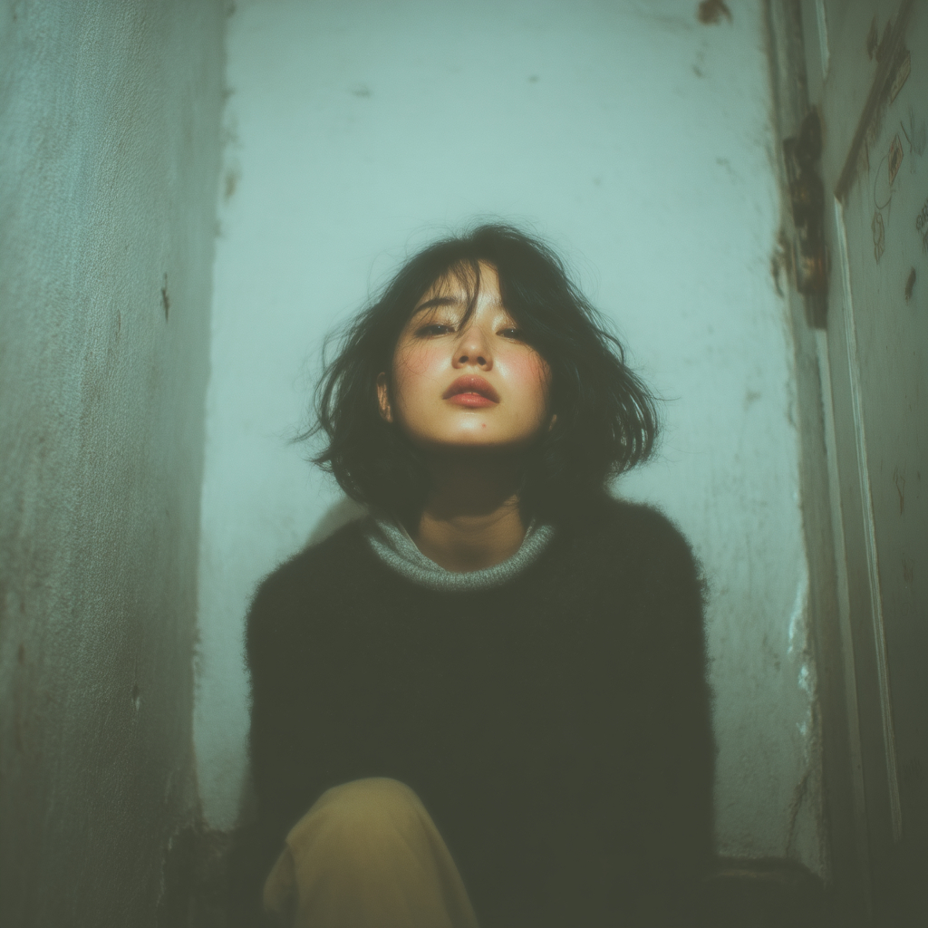 A 25-year-old beautiful and stylish Chinese girl sits in a dark stairwell, looking depressed.