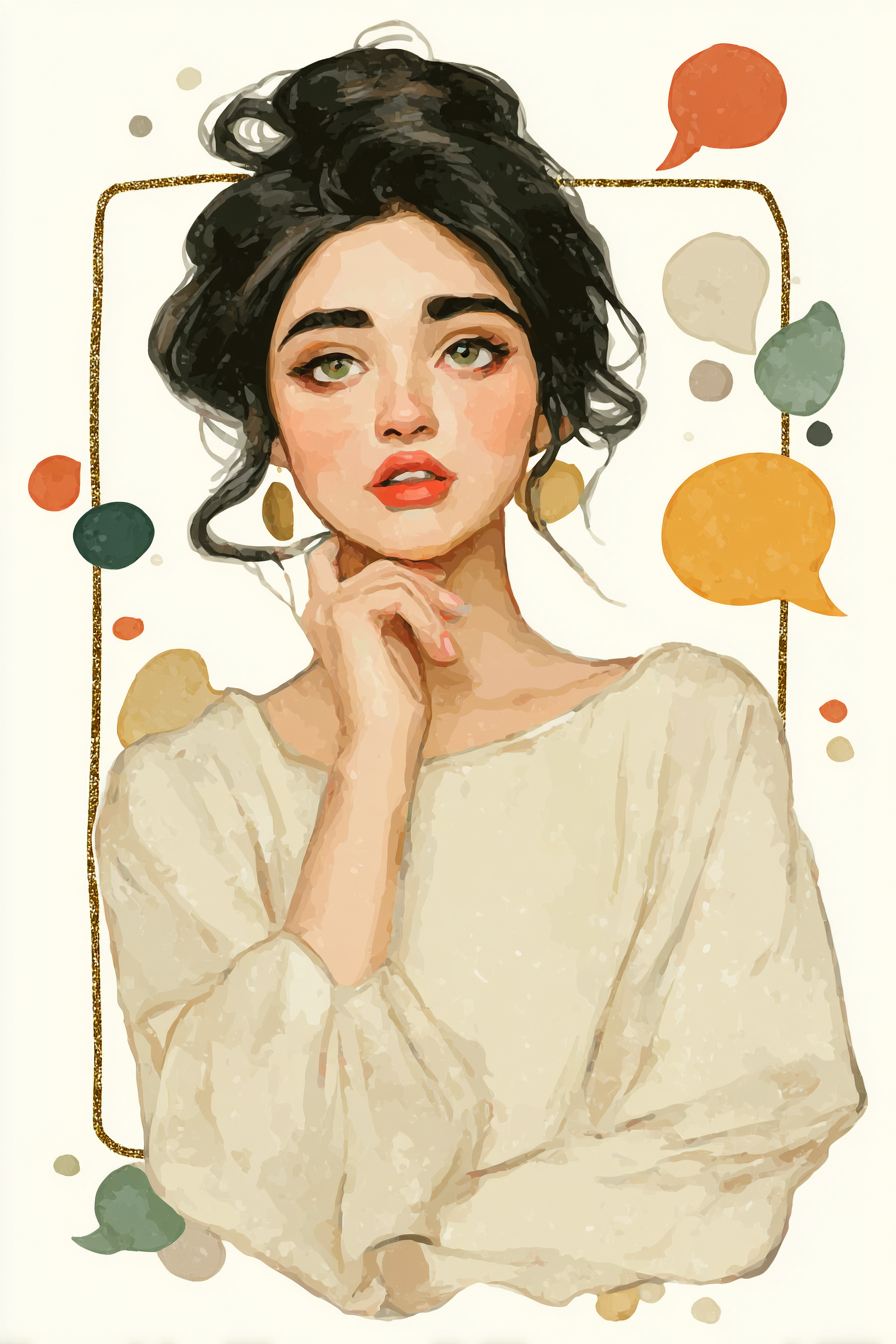 하얀 배경과 테두리의 그래픽 노블 장면으로, 깔끔하고 미니멀한 여성이 대담한 색조로 묘사됨