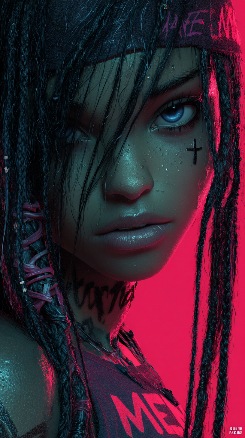 Esta es una obra de arte CGI altamente detallada que presenta un personaje antropomórfico estilizado con piel oscura y ojos grandes