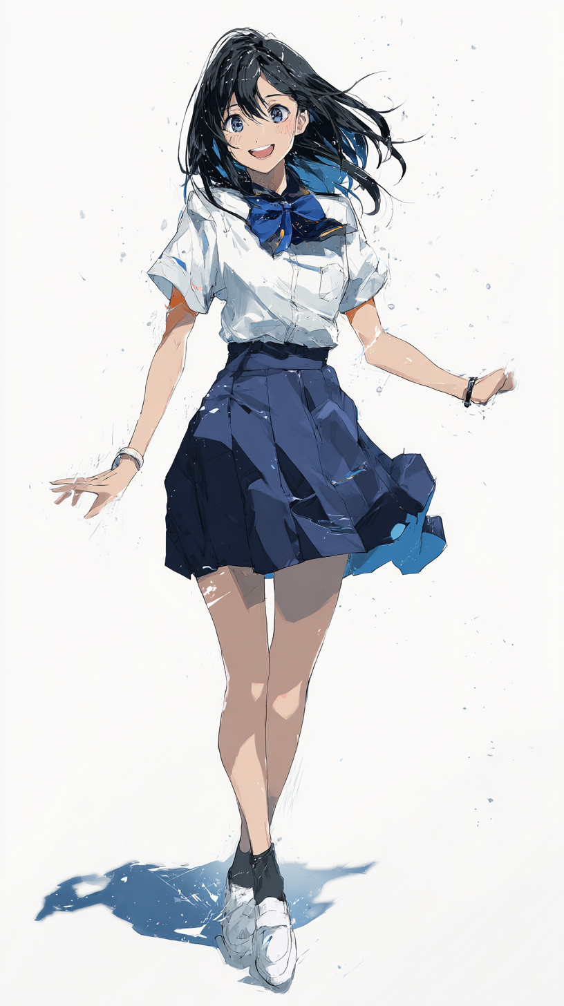 A cheerful high school girl in summer uniform striking a dynamic pose