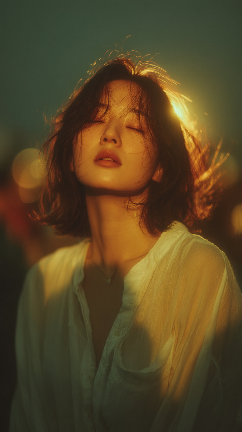 一位年輕的韓國女性穿著流動的象牙色襯衫，閉眼唱歌，似乎在回憶漫長的旅程