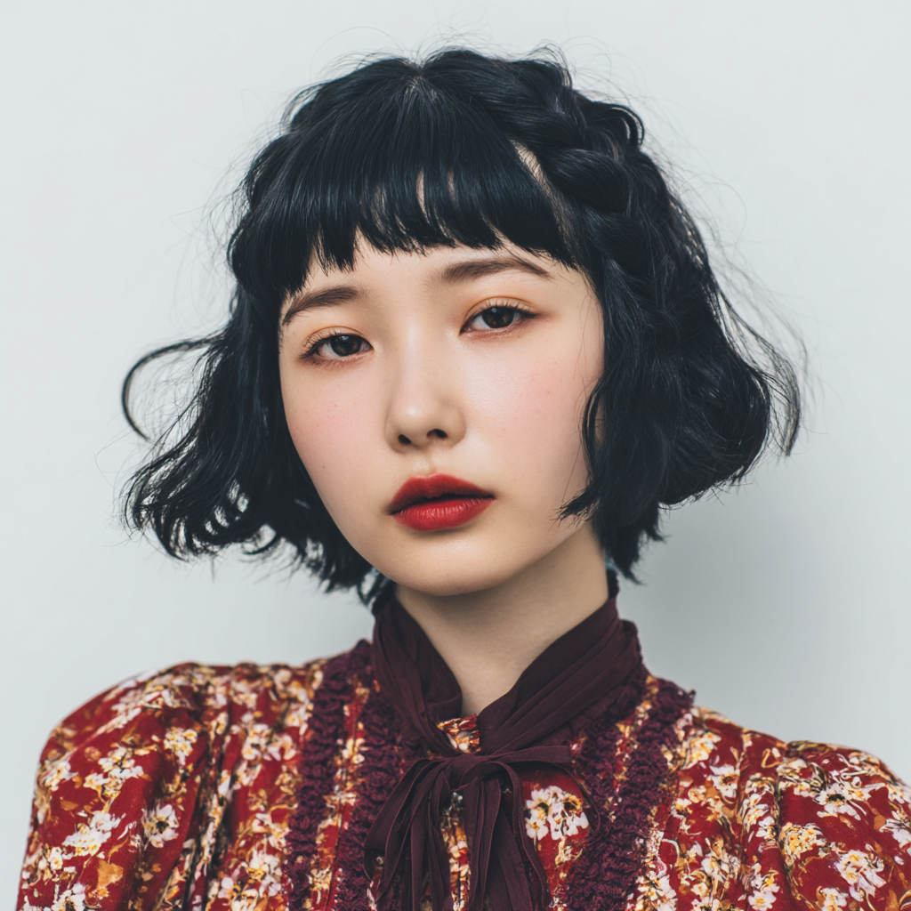 Retrato de uma mulher estilosa da geração MZ coreana com um penteado único e moda vintage