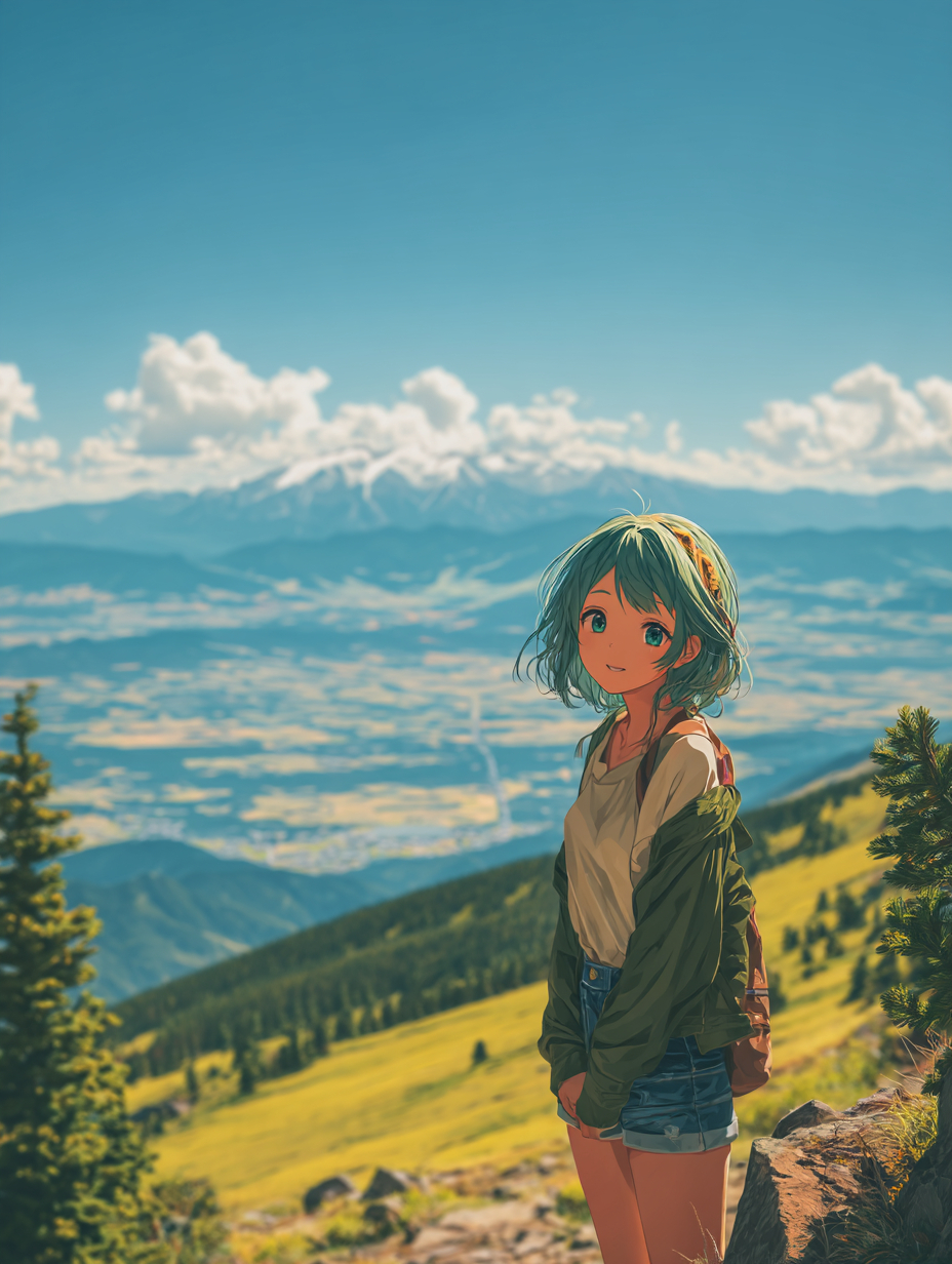 Uma garota de anime sorrindo e olhando para o espectador com montanhas nevadas ao fundo e uma árvore de pinho à frente