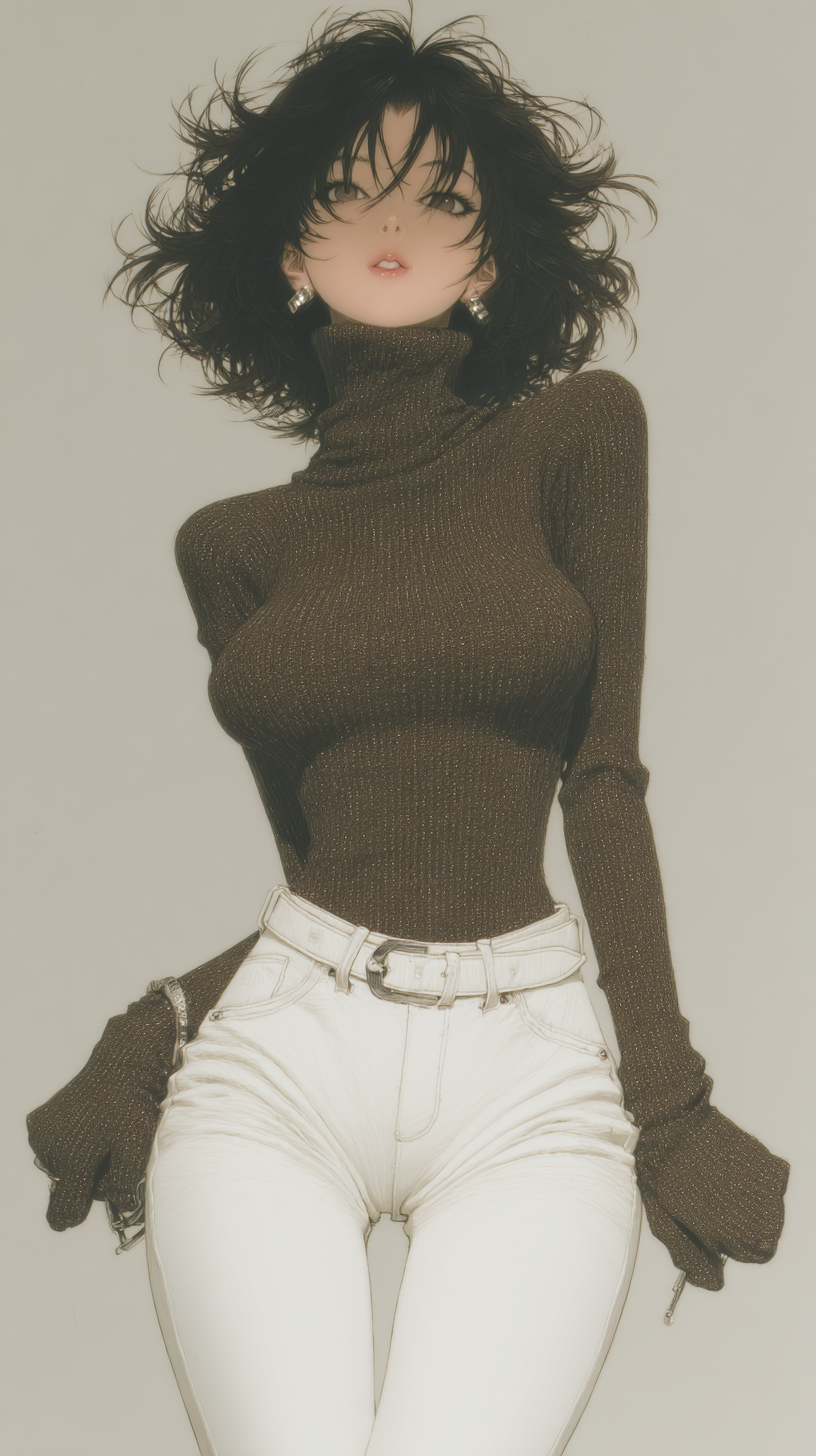 Eine 3D-Illustration zeigt die schöne Frau Miki aus City Hunter in einem eng anliegenden Rollkragenpullover