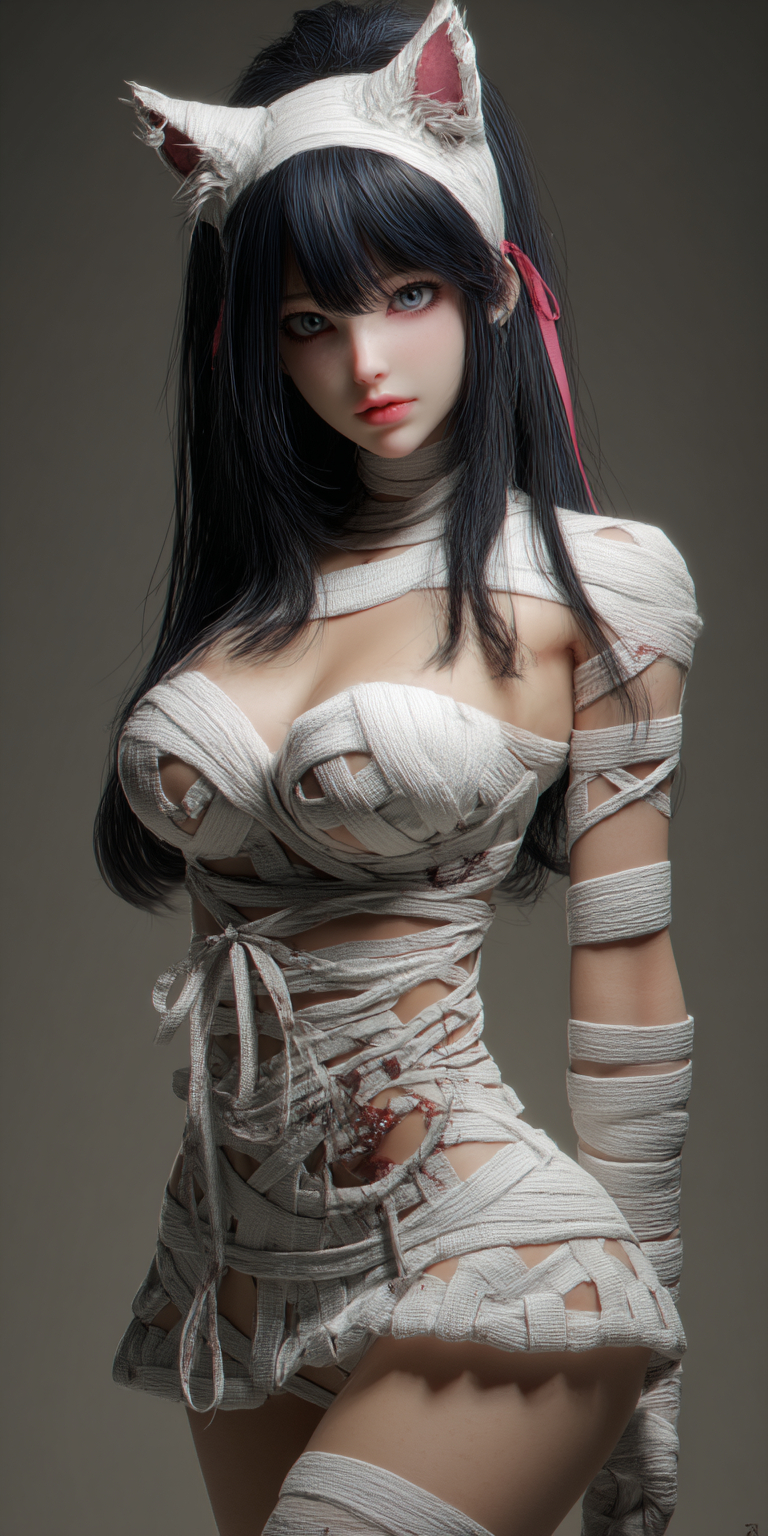 白い猫耳を持つ美しい少女が包帯でできた小さなドレスを着ている