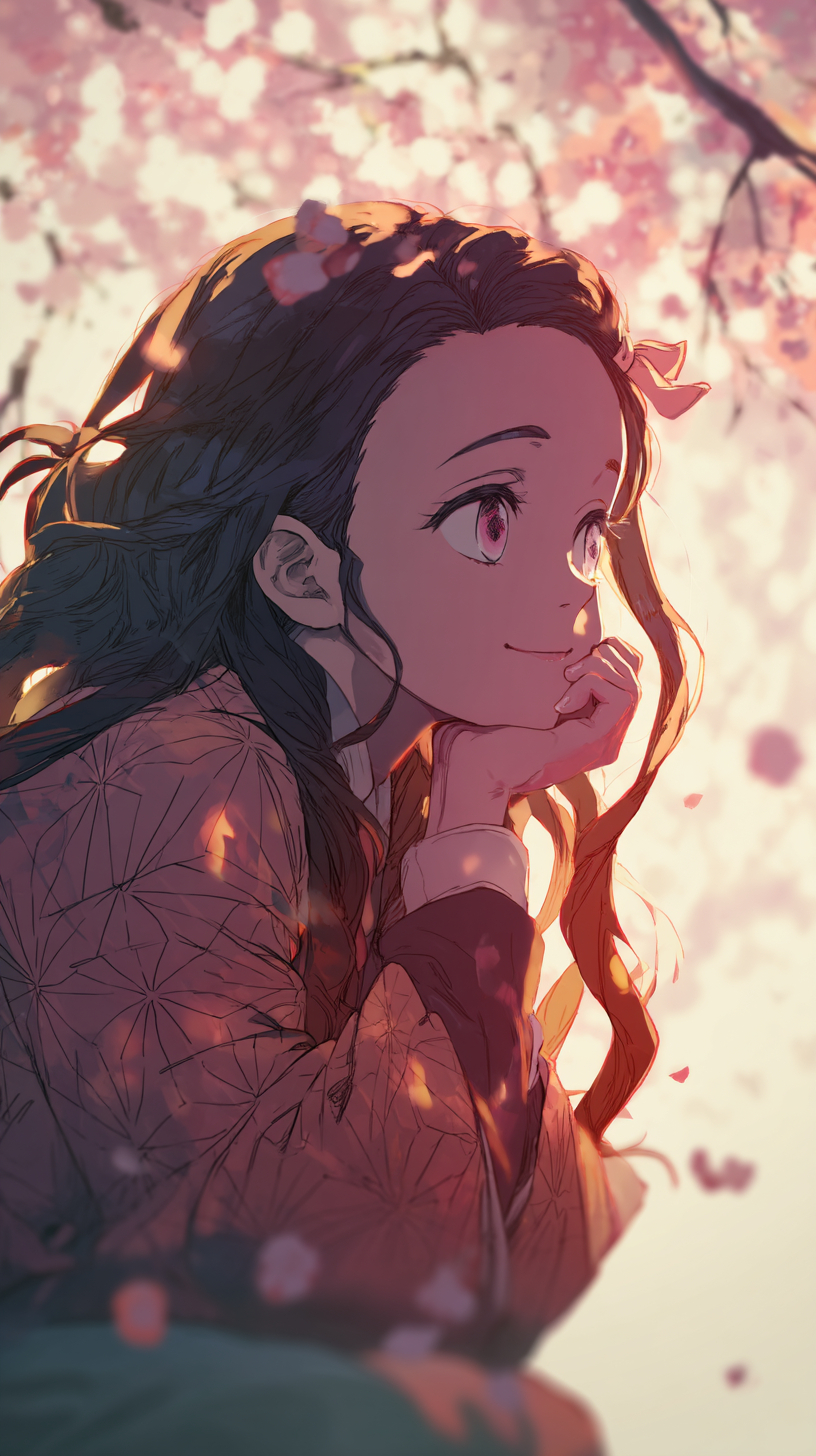 炭治郎妹妹果冻面容，阳光下樱花飘落