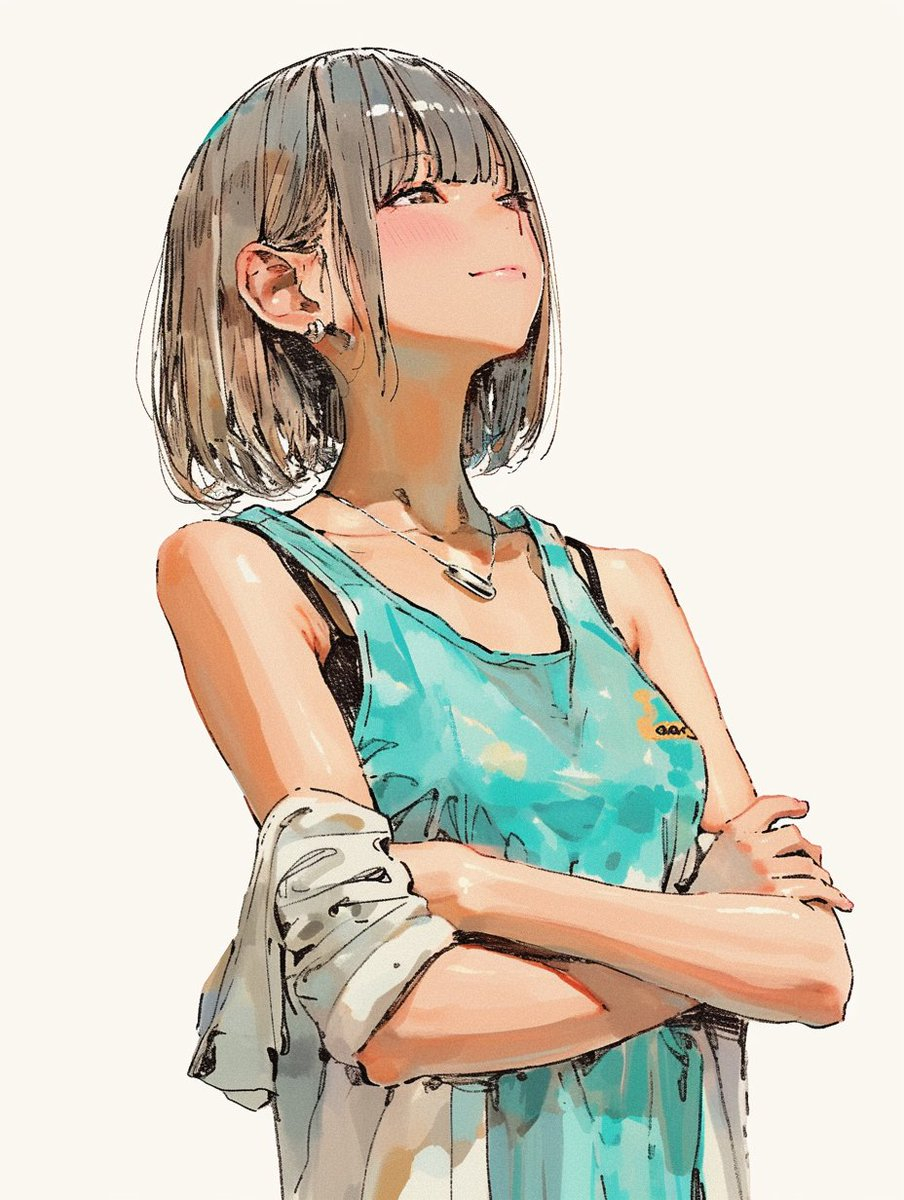 A young woman in a teal tank top and white cardigan is smiling