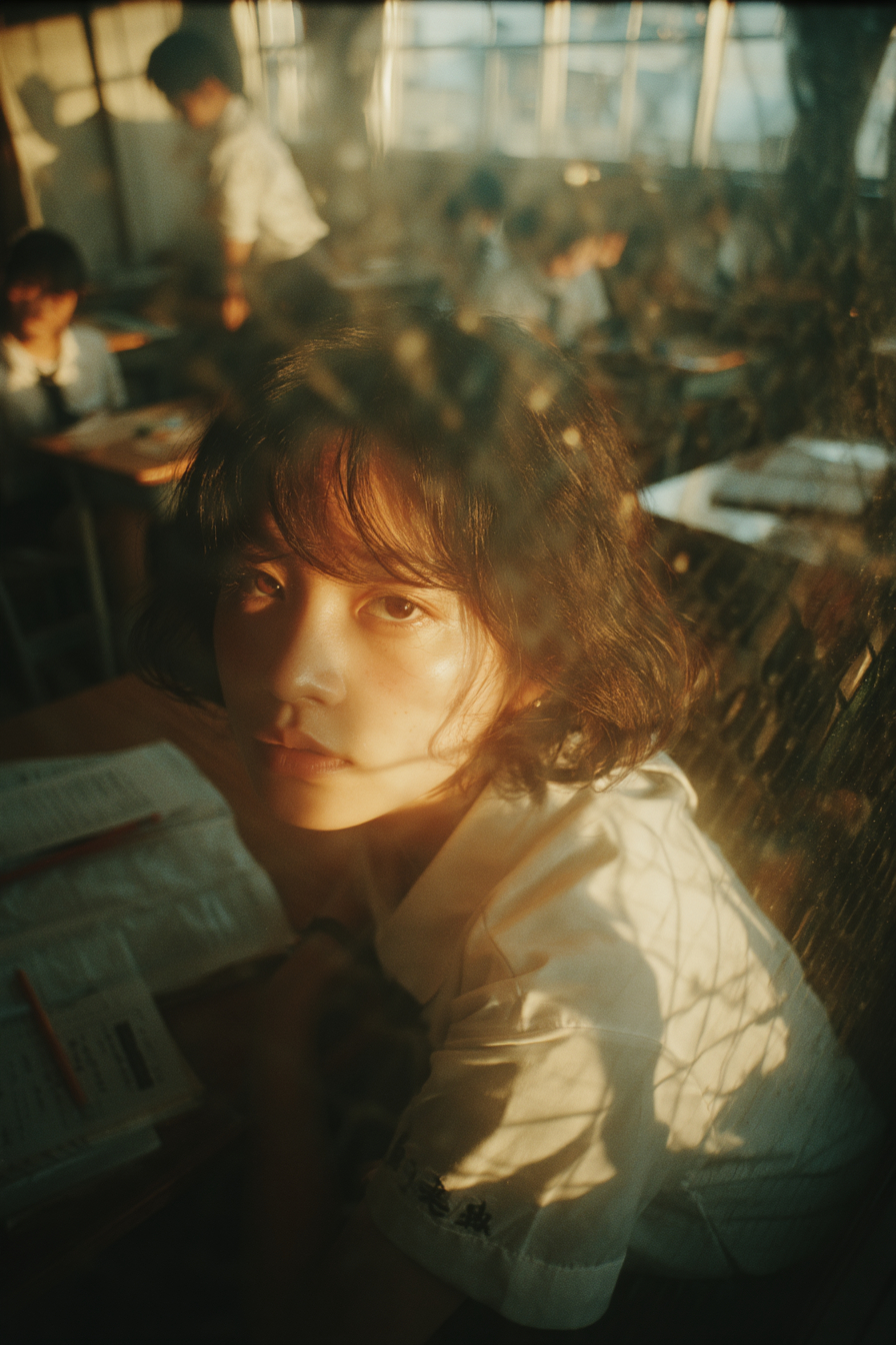一位迷人的日本高中女孩穿着短袖夏季水手服，在教室透过窗户拍摄，阳光洒在她身上