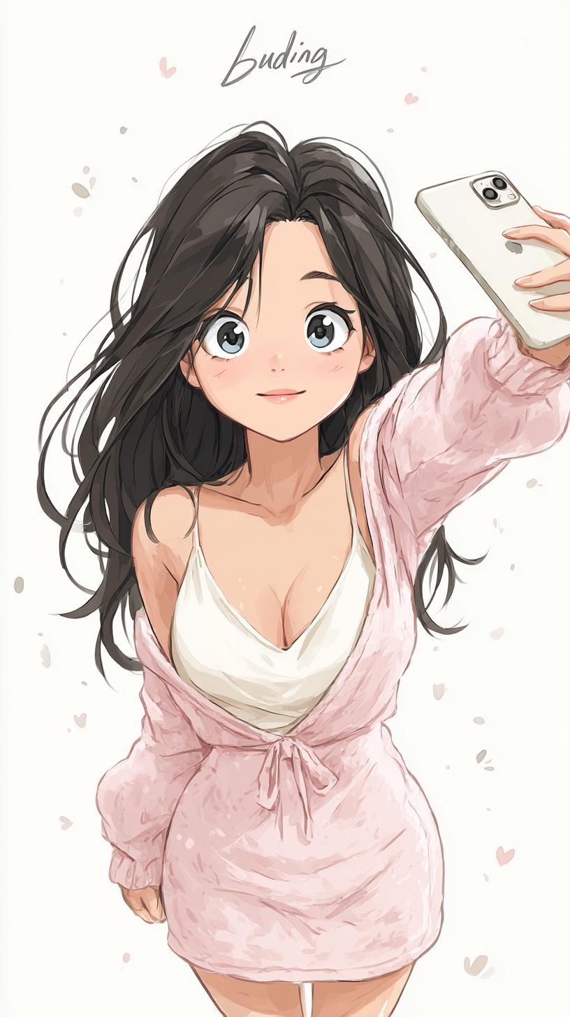 Une fille asiatique en bas blancs et en mini-robe tricot rose prend des selfies en pied