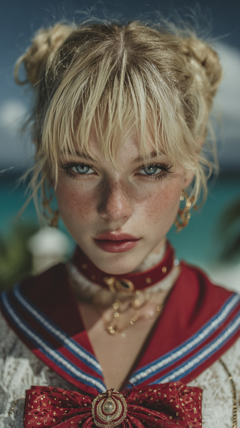 Une superbe mannequin Sailor Moon portant un uniforme de cadet de créateur dans un complexe balnéaire tropical.
