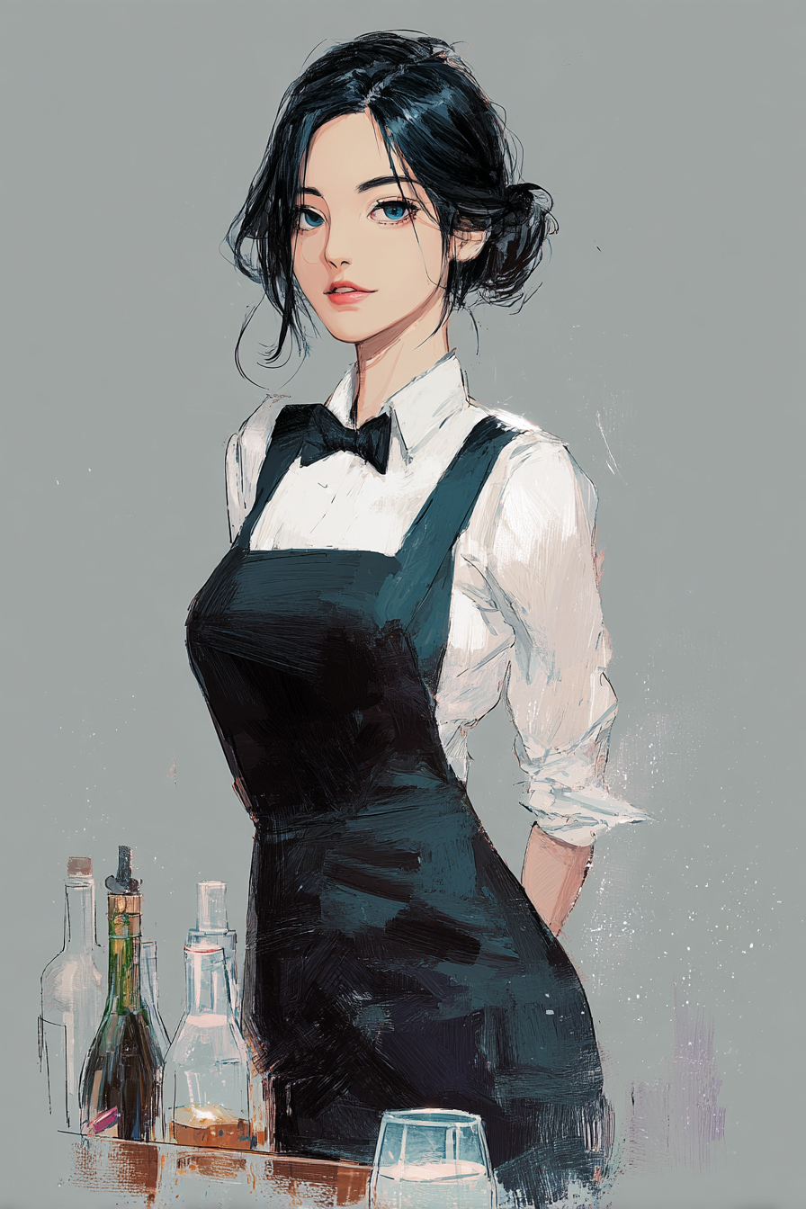 一位年輕的女酒保角色，穿著酒保制服，膚色白皙，背景為灰色，畫風類似於Ilya Kuvshinov或Loish