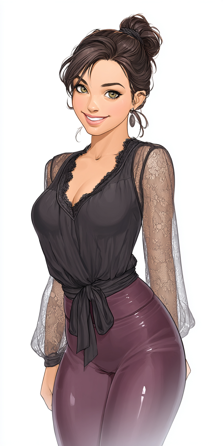 Smiling plump mature brunette in glossy vinyl leggings and sheer mesh blouse