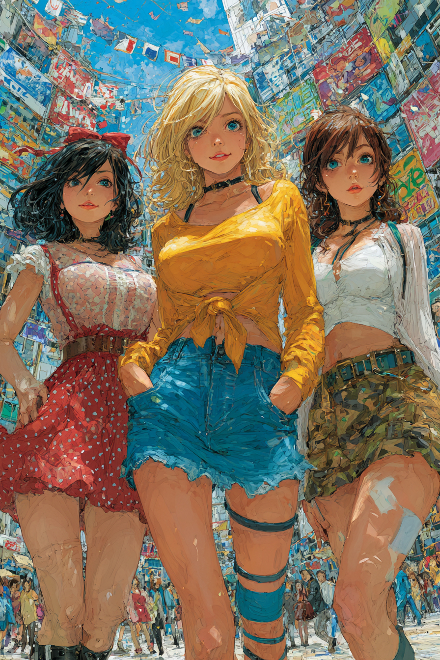 Ariana Grande, Margot Robbie, and Selena Gomez cosplaying as Taiga Aisaka, Alice Margatroid, and Chizuru Ichinose at a lively anime convention